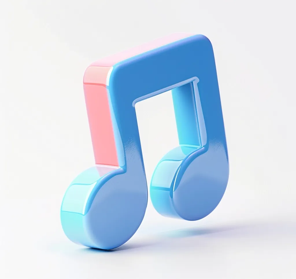 A 3D rendering of a music note, rendered in a light blue and pink color scheme, sits on a white background. The note is slightly tilted, giving it a dynamic look. The rendering is smooth and glossy, adding a playful touch to the simple design.