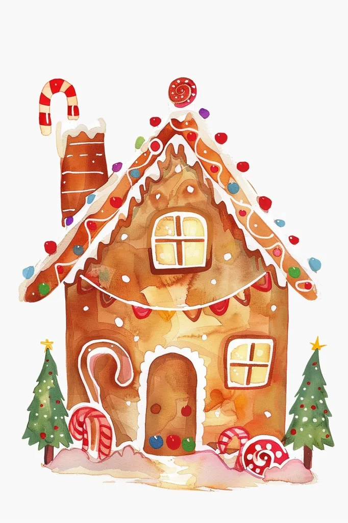 A gingerbread house with white frosting and red candy decorations sits on a snowy ground. Two pine trees with red ornaments stand on either side of the house. A candy cane is on the roof and two more lay on the ground. The house has a brown door and a window with a yellow glow.