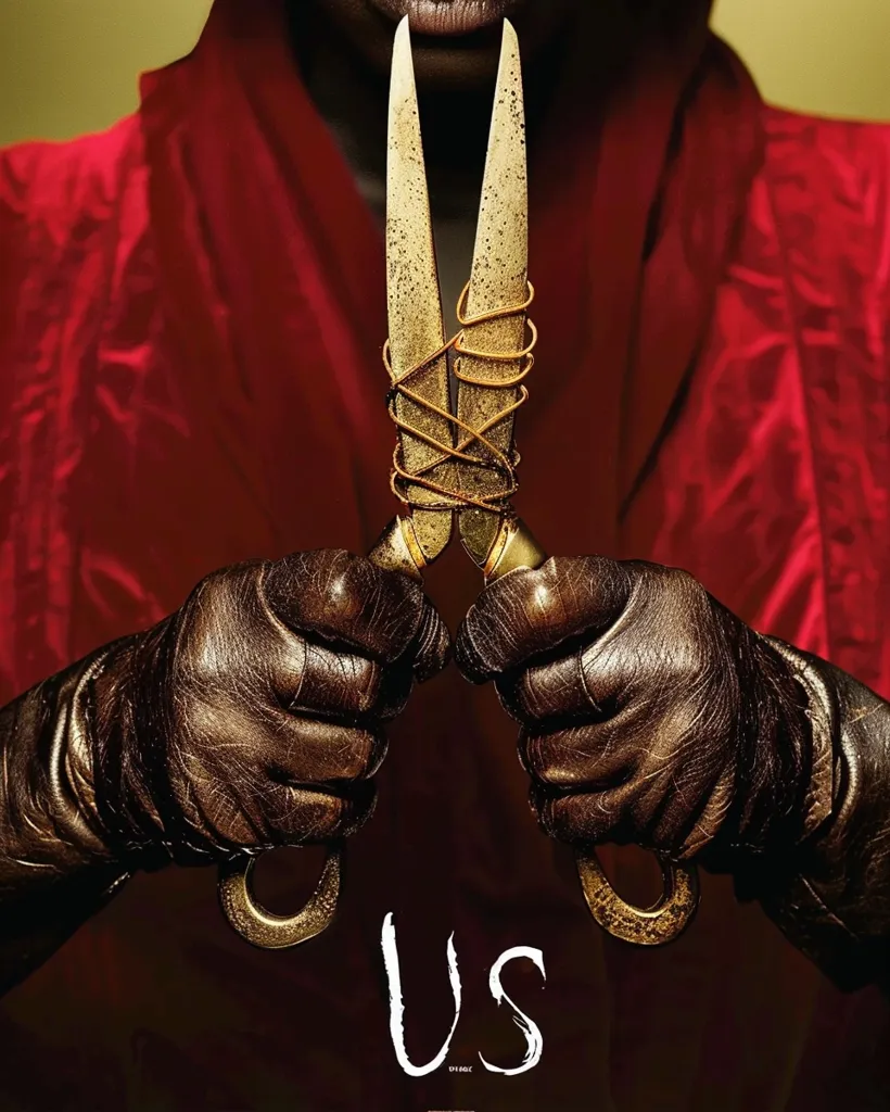 The image shows a close-up of a person wearing red clothing and black gloves, holding a pair of golden scissors. The scissors are wrapped in wire and the person's mouth is slightly open, hinting at a sinister purpose. The word "US" is written in white below the scissors, creating a sense of anticipation and unease. The image suggests a scene from a horror film.
