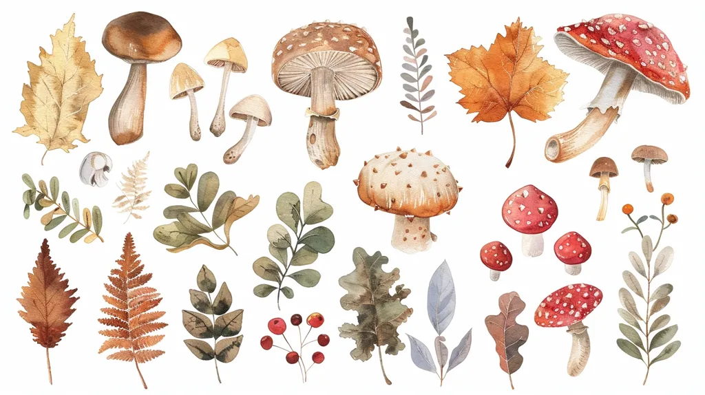 A watercolor illustration of various woodland elements, including mushrooms, leaves, and berries. There are brown, white, and red mushrooms, with some showing spots. The leaves are in shades of green, brown, and orange. Red berries are clustered together on a twig. The illustration has a natural, rustic feel.