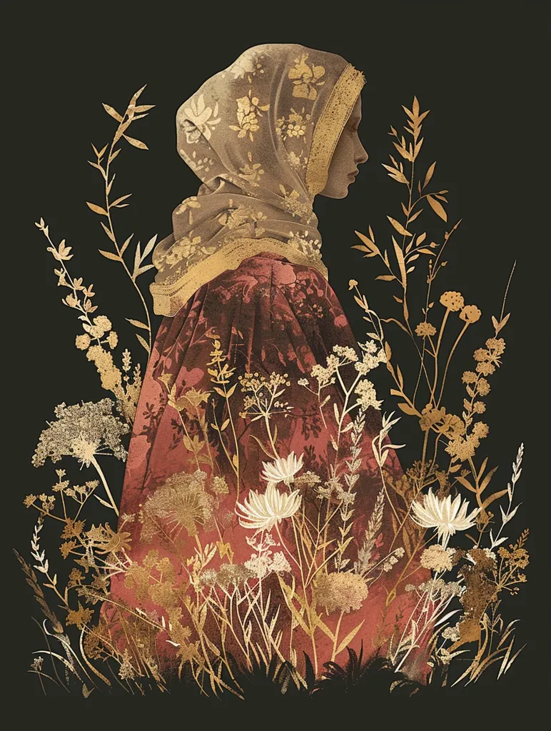 A woman in a patterned headscarf and a long red cloak stands in profile, gazing to the right. She is surrounded by a field of stylized golden and white wildflowers on a dark background. The image is rendered in a painterly style with soft brushstrokes.  The composition is harmonious and evocative, creating a sense of mystery and beauty.