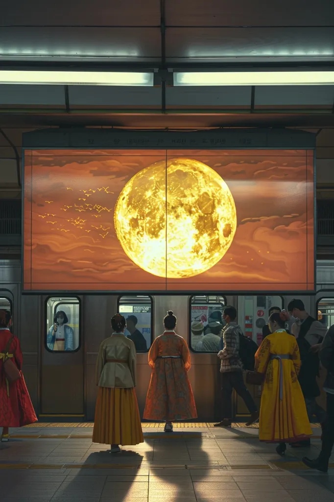 A large digital display in a subway station shows a giant glowing moon with birds flying around it.  People dressed in traditional Korean clothing stand on the platform waiting for the train. The scene is illuminated by the bright lights of the station. The mood is calm and peaceful.