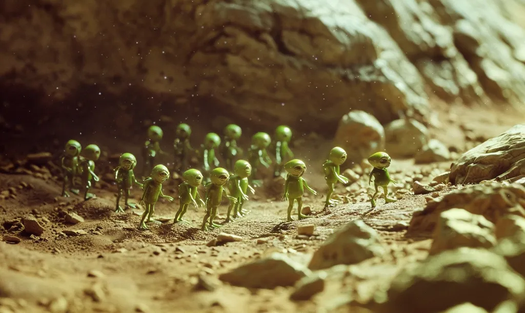 A group of small, green, humanoid figures stand on a dusty, rocky surface.  They have large heads and big eyes, and seem to be looking at something off-camera.  The figures are arranged in a line, and there are rocks and dust in the foreground and background.  The scene has a surreal, otherworldly quality.  The small figures are likely aliens, and the setting appears to be an alien planet.