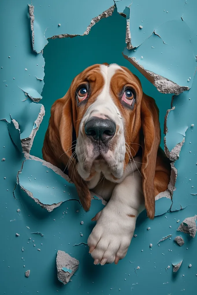 A basset hound peeks through a hole in a blue wall. Its big brown eyes look up at the camera, and its long floppy ears hang down. Its paws are visible, suggesting it is reaching through the hole. The dog's expression is curious and slightly apprehensive.  The chipped and peeling blue paint on the wall adds a textured element to the photo.  The dog’s large paws and the torn wall create a sense of mischief.