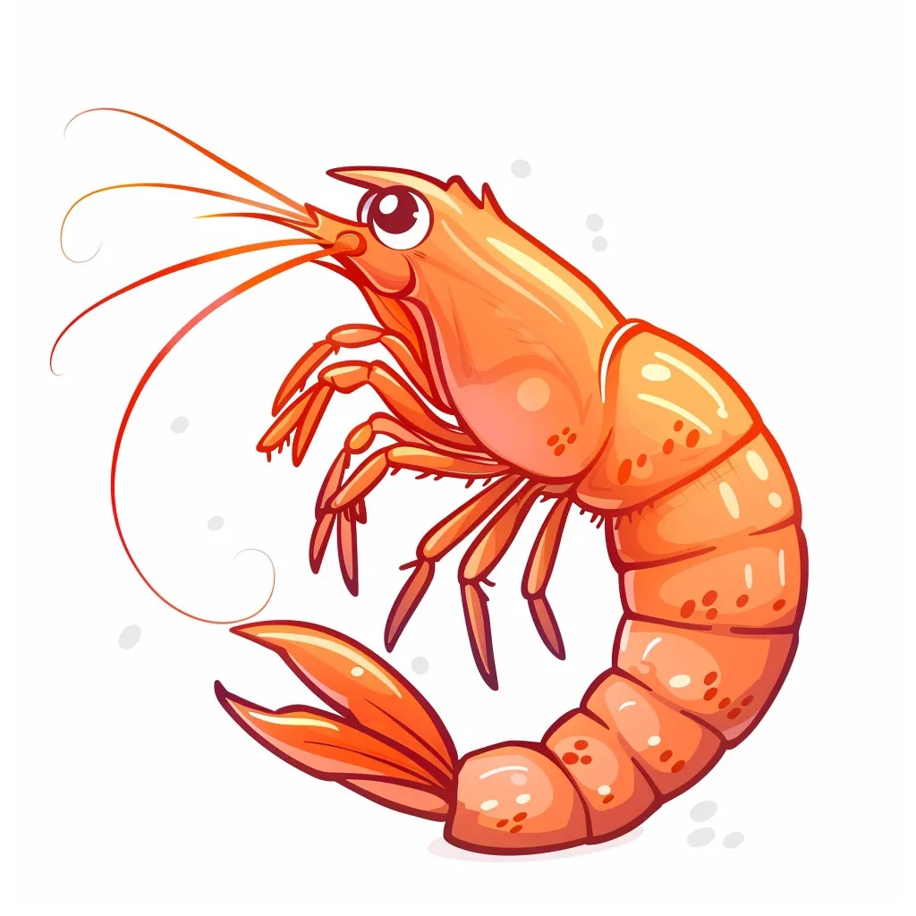 A cartoon shrimp with large, expressive eyes and a curled body is depicted against a white background. The shrimp has a bright orange-red color and intricate details on its shell and legs.  It is drawn in a playful and cheerful style, highlighting the shrimp's playful personality.  The shrimp's long antennae and curled tail create a sense of movement and dynamism.  The image is a simple yet effective representation of a popular seafood.