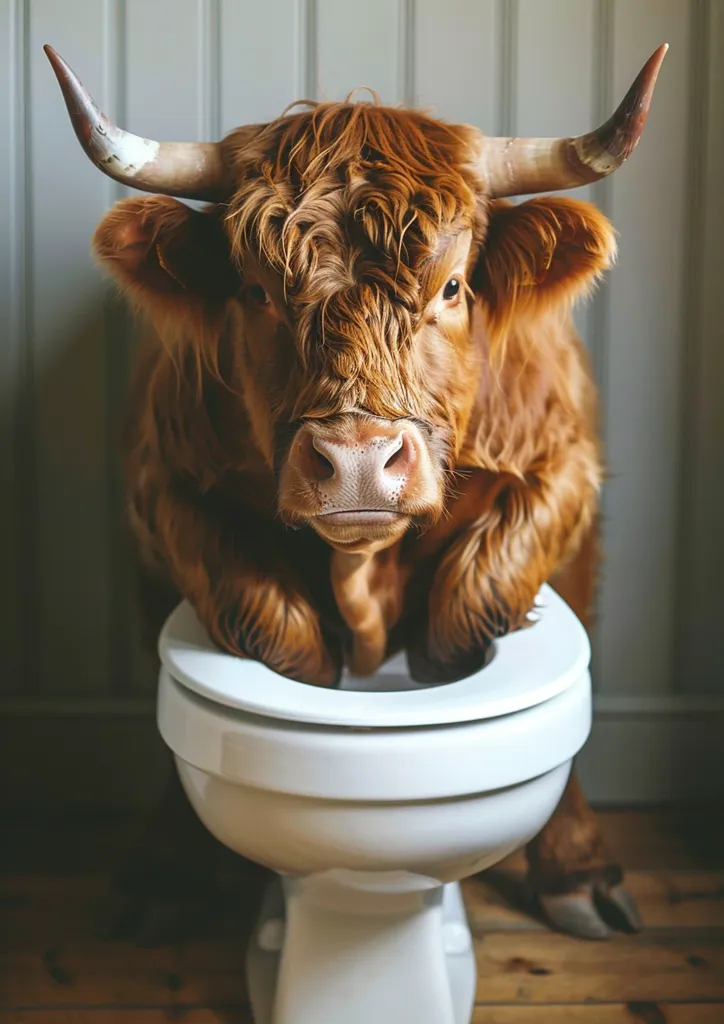 A brown Highland cow with long horns is perched on a white toilet bowl. Its furry body hangs over the edge of the toilet seat, and its large, dark eyes stare directly at the viewer. The cow's front hooves are resting on the toilet lid, and its back legs are slightly bent. The scene is humorous and unexpected, suggesting a playful and whimsical take on everyday life. The bathroom setting is simple, with a white tiled wall in the background.