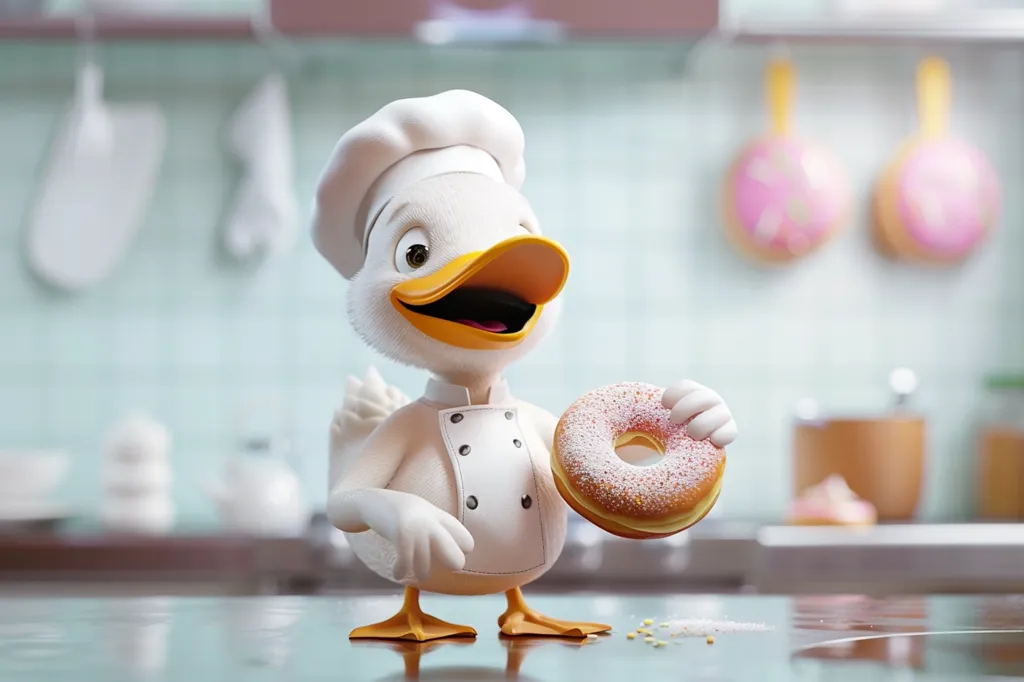 A cartoon duck wearing a chef's hat holds a donut in its right hand and smiles in a kitchen. The duck has a white, fluffy body, orange feet, and a yellow beak and smile. There are other donuts hanging in the background, and powdered sugar sprinkles are on the counter. The image is bright and cheerful, suggesting a fun, light-hearted scene.