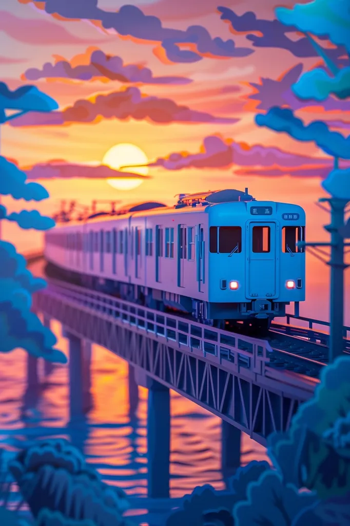 A blue train, with a Japanese sign on the front, travels across a metal bridge. The bridge stretches over a body of water reflecting the sunset colors in the sky. Trees frame the image on either side. The scene is created with paper-like textures, giving it a stylized look.