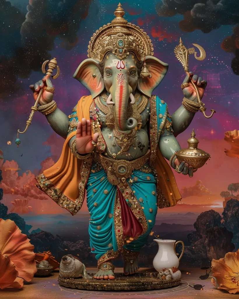 The image depicts a colorful statue of Ganesha, the Hindu god of wisdom and remover of obstacles. He is depicted with an elephant head, a large belly, and four arms, holding various symbolic objects. He wears ornate jewelry and a flowing dhoti, standing on a pedestal against a background of swirling clouds and stars. The image is vibrant and detailed, showcasing the intricate beauty of Hindu iconography.
