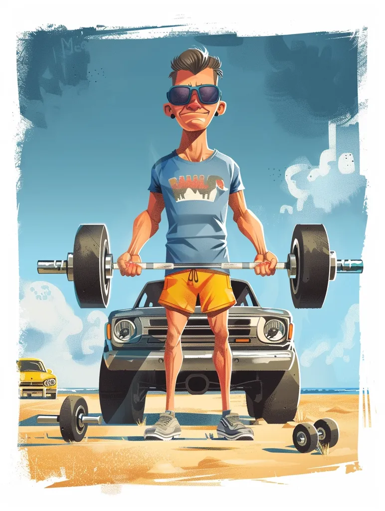 A cartoon man wearing sunglasses and a blue shirt is lifting a barbell in front of a vintage car on a sandy beach. He is wearing yellow shorts and has a determined expression on his face. There are smaller barbells lying on the sand in the foreground. The sky is blue and there are clouds in the background.  The image is drawn in a cartoon style with bright colors.