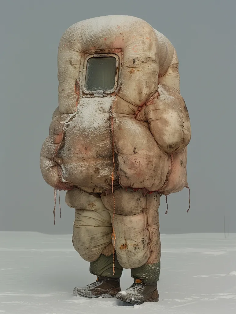 A person wearing a thick, puffy, beige suit stands in a snowy landscape. The suit is heavily padded and appears to be made of multiple layers, with a small, square window on the chest. The person's feet are covered in heavy boots. The snow-covered ground and the person's outfit suggest a cold and harsh environment.