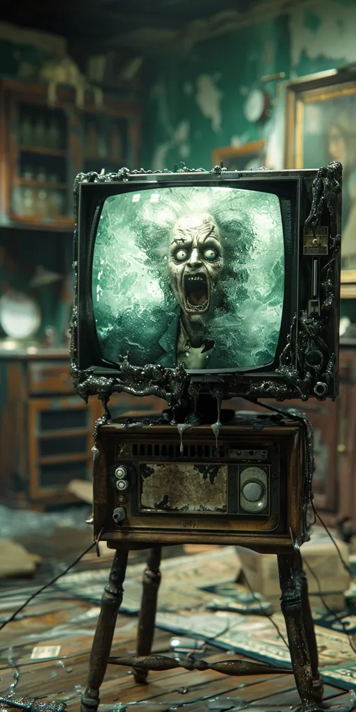 An old, broken television set stands on wooden legs in a dimly lit room. The screen is cracked and filled with static, showing a distorted image of a man with a wide, screaming mouth. The television appears to be dripping with a viscous liquid, adding to the eerie atmosphere of the scene.  The room is cluttered with objects, suggesting abandonment and a sense of decay.