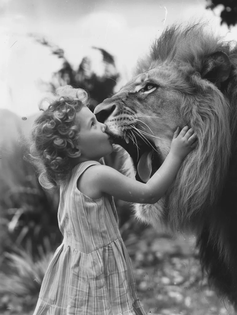 A young girl in a striped dress stands close to a large lion. The lion has its mouth open slightly, and the girl appears to be touching its face. The image is in black and white, and the girl's curly hair contrasts sharply with the lion's mane. The background is blurred, drawing attention to the subject.  The image conveys a sense of both fear and wonder.