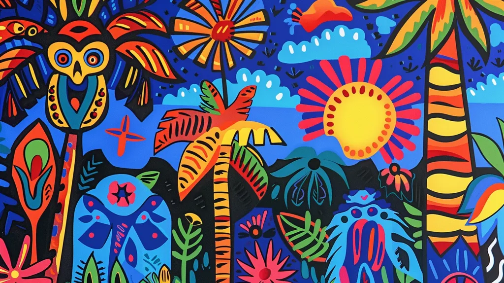 The image is a colorful, abstract painting of a tropical scene. It features a variety of plants and flowers, including palm trees, flowers, and leaves. The colors are bright and vibrant, creating a cheerful and energetic atmosphere. There is a sense of movement and energy in the painting, as if the plants are swaying in the breeze. The overall effect is one of joy and celebration of life.