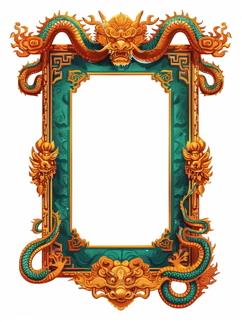 The image depicts a ornate, gold frame with intricate details. Two golden dragons, with sharp claws and fierce expressions, frame the emerald green border. The frame's design is heavily inspired by traditional Chinese art, with swirling patterns and auspicious symbols. The frame is empty, inviting the viewer to imagine what might be inside.