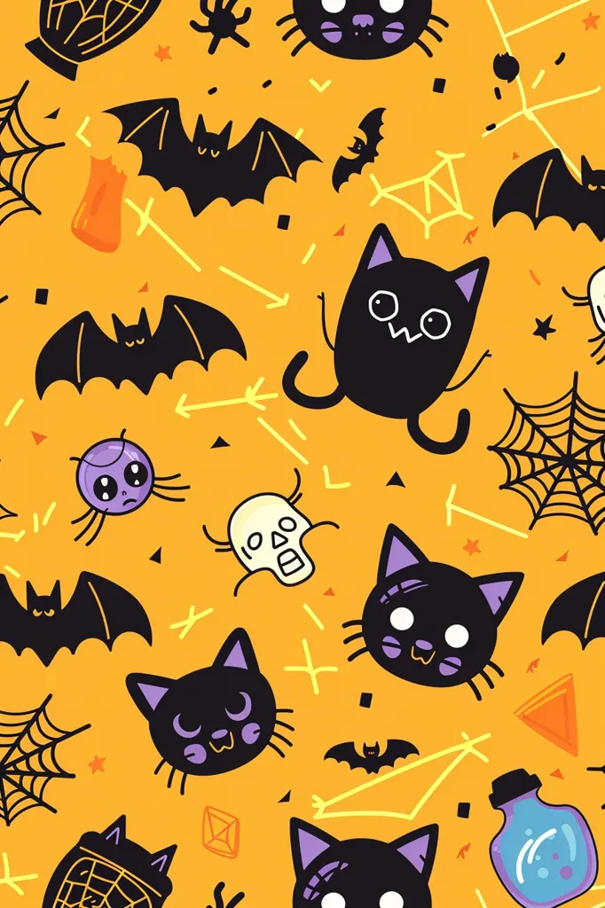 A bright orange background with a cute Halloween theme. The pattern features cartoon cats, bats, spiders, skulls, potions, and cobwebs. The colors are black, purple, and white. The background is full of random shapes and lines.  The image is whimsical and fun.