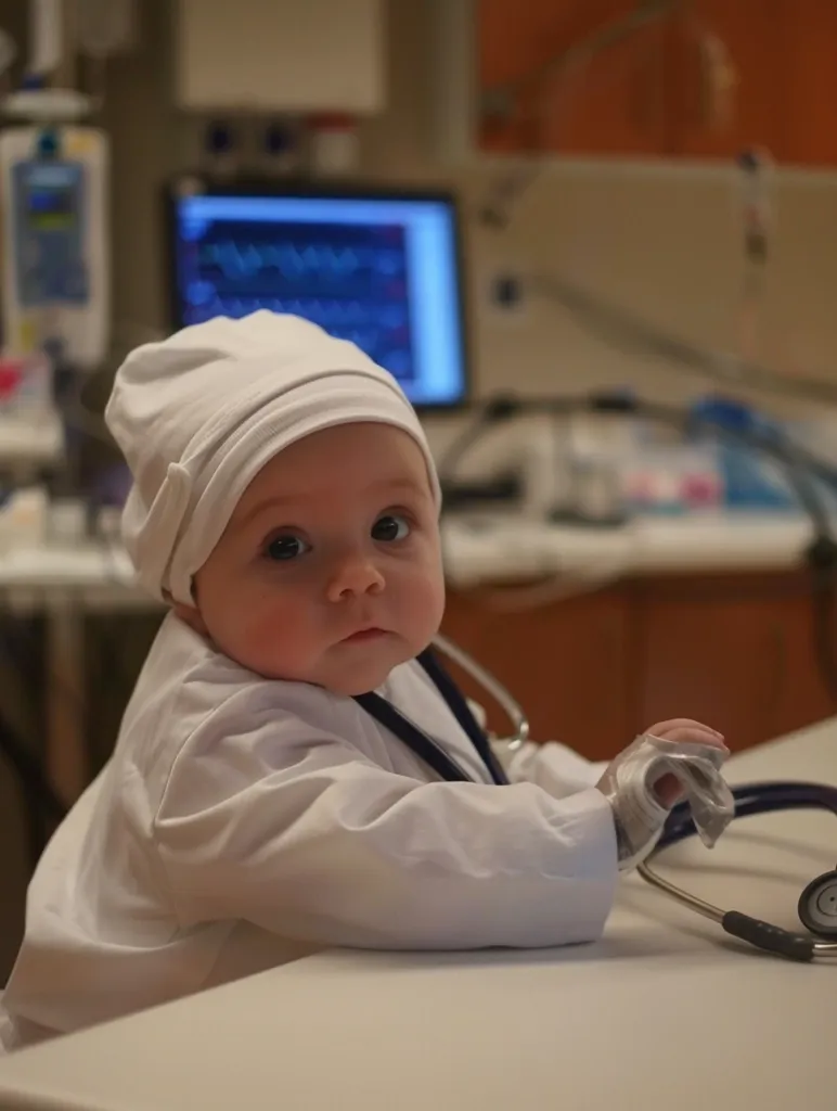 A baby in a white doctor's coat and a white hat is sitting at a table with a stethoscope in front of them. They are looking at the camera with a serious expression on their face. The background is blurry, but there is a computer monitor and other medical equipment visible. The baby's hands are holding the stethoscope.  The image is likely a playful representation of a baby doctor.