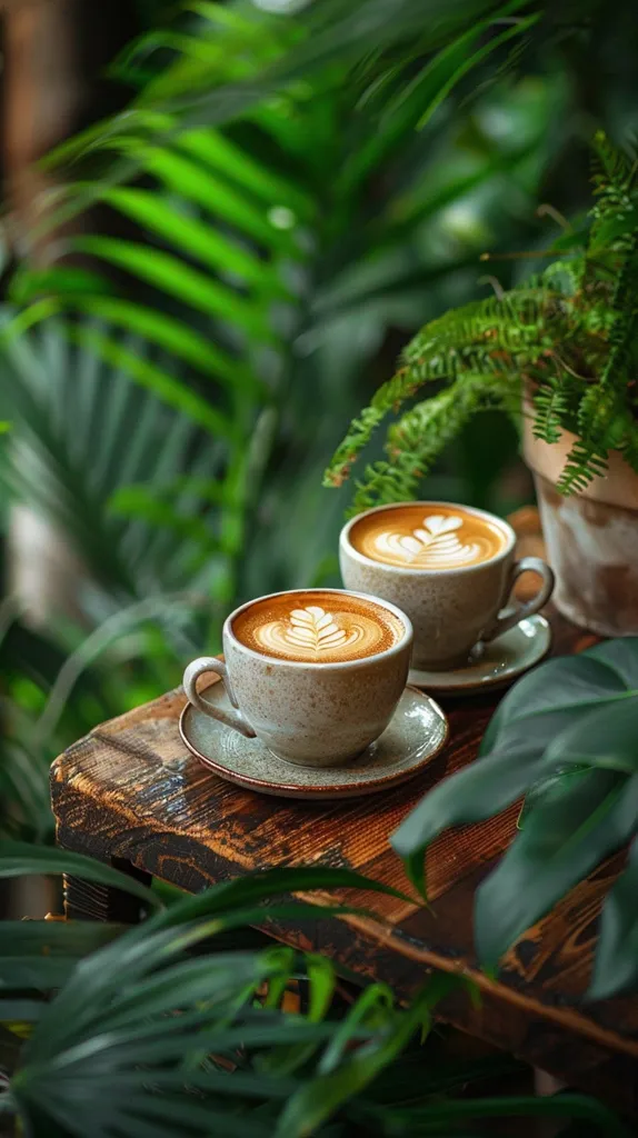 Two steaming cups of coffee with latte art sit on a rustic wooden table surrounded by lush green foliage. The cups are white with a rough texture and are placed on matching saucers. The scene is a peaceful and inviting one, perfect for a quiet moment of relaxation.
