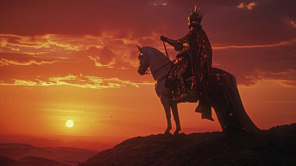 A lone figure in a crown and flowing robes rides a white horse silhouetted against a vibrant sunset. The fiery sky is awash with orange and red hues, while the setting sun casts a warm glow across the distant landscape. The image evokes a sense of power, mystery, and the fading of an era.