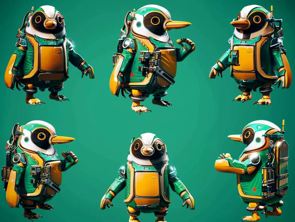 Six robotic penguins are shown in various poses on a green background.  The penguins are all wearing green and yellow suits with various gadgets and devices attached.  They have white and black heads with round, dark eyes. They appear to be in a playful mood, with their wings spread and their beaks open in a smile.