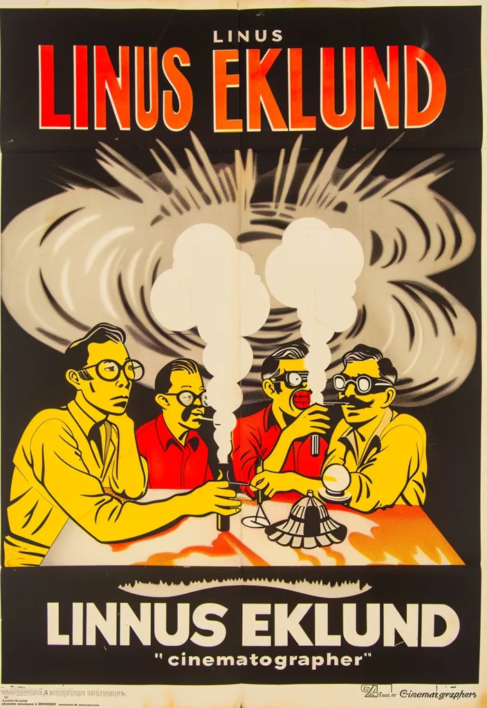 The poster features a bold, stylized image of four men in yellow and red clothing, sitting around a table with smoking apparatuses. Above them, a large swirling cloud fills the upper half of the poster. The text "LINUS EKLUND cinematographer" is displayed in large letters, emphasizing the subject of the poster.  The image is likely advertising a film or a show, showcasing the work of Linus Eklund, a cinematographer.