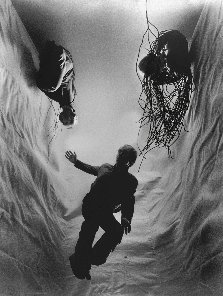 A black and white photo of three figures suspended in mid-air. The figure in the centre is silhouetted and reaching out with their right arm, while the two figures on the sides are hanging upside down with their heads visible. The backdrop is a large, draped sheet of fabric. The overall tone of the image is surreal and dreamlike.