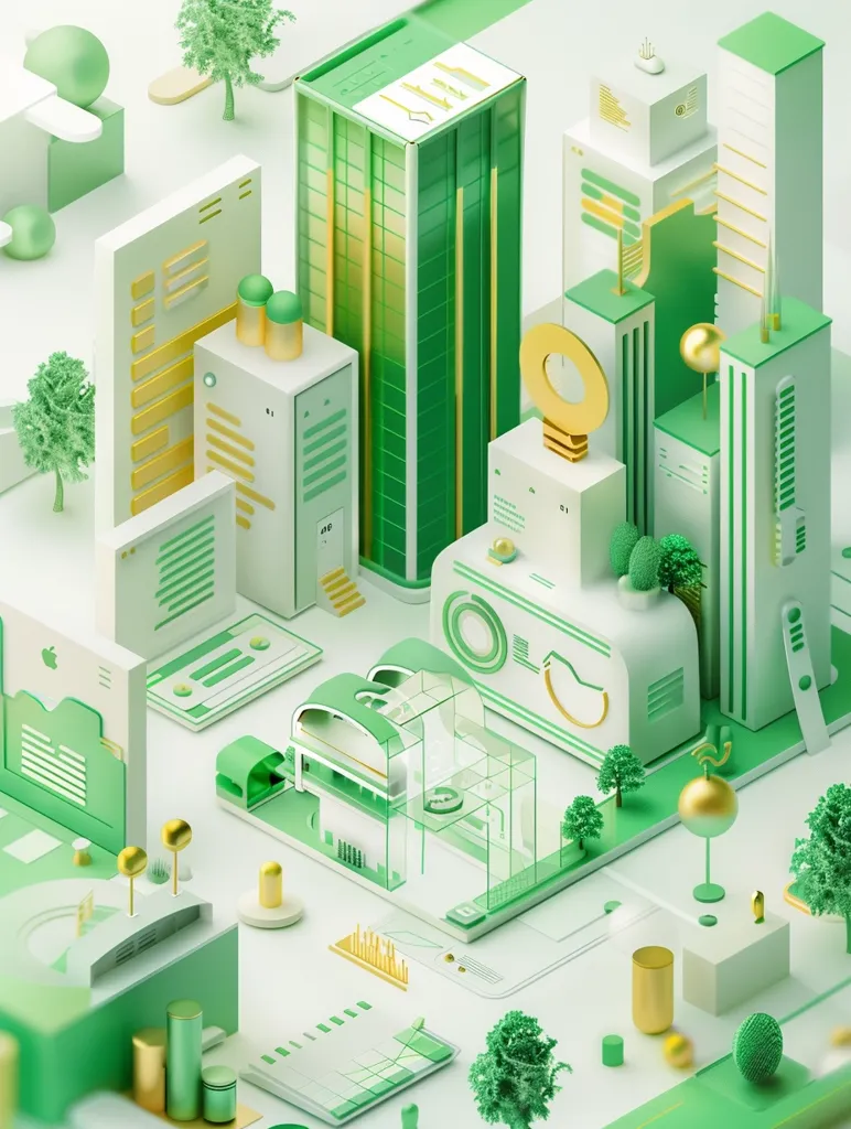 The image depicts a stylized, isometric city with a futuristic design. Buildings are primarily white and green, with rounded edges and geometric shapes. There are small trees and golden spheres scattered throughout, creating a sense of greenery and technology. The image has a clean and minimalist aesthetic, emphasizing geometric forms and contrasting colors.