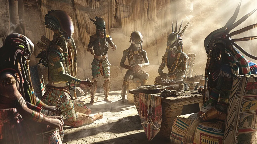 Five humanoid figures with elongated heads and intricate headdresses sit in a dimly lit chamber. The figures, adorned in ornate clothing and jewelry, appear to be engaged in a ritualistic gathering. Their expressions are stoic, their postures regal.  A wooden table laden with artifacts sits in the center, bathed in a warm glow. The scene suggests a sacred ceremony within a hidden temple.