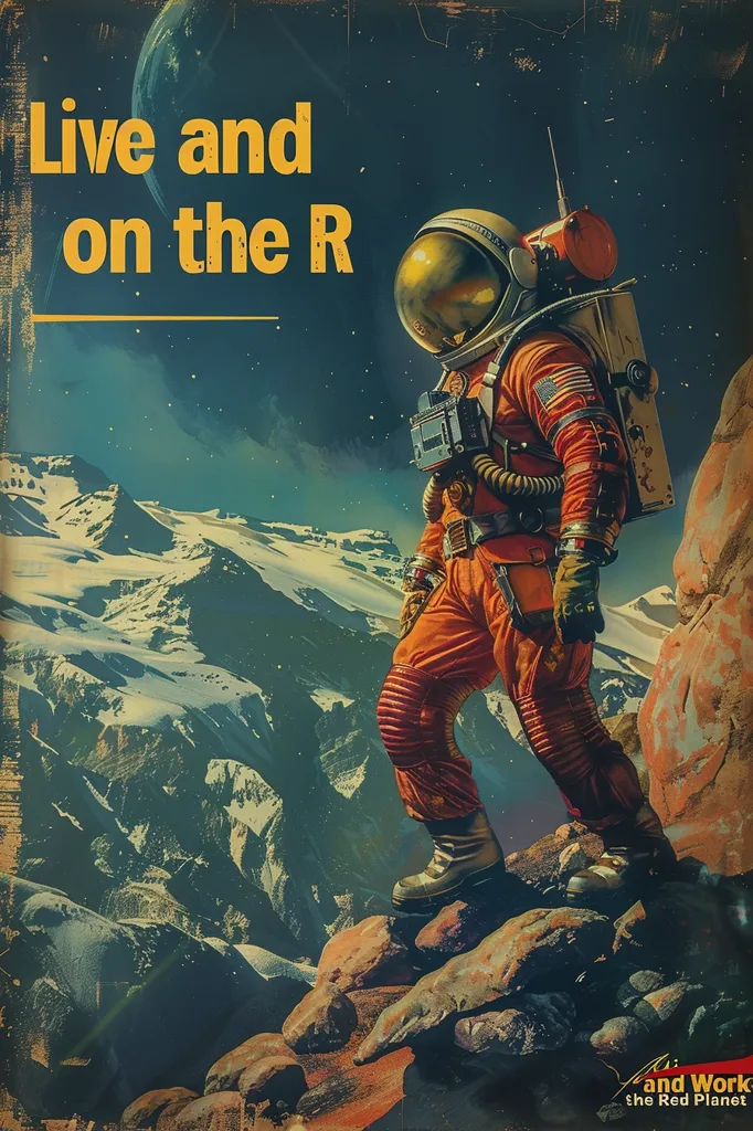 A retro-style poster depicts an astronaut in a spacesuit, standing on a rocky Martian landscape. The words "Live and on the R" are displayed in a yellow font, with the "R" cut off, likely referring to "Red Planet". The astronaut's suit features an American flag patch, adding a nationalistic touch. The background showcases a snowy mountain range and a starry sky, creating a sense of otherworldly adventure. The poster's color palette is predominantly muted and earthy, with a vintage aesthetic.