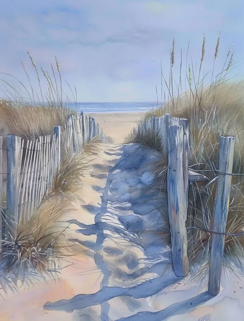 The watercolor painting depicts a sandy path leading to a beach. The path is framed by tall grasses and a wooden fence, casting long shadows on the sand. The blue sky and ocean in the background add a sense of tranquility and serenity to the scene. The overall effect is calming and inviting, suggesting a peaceful escape to the coast.