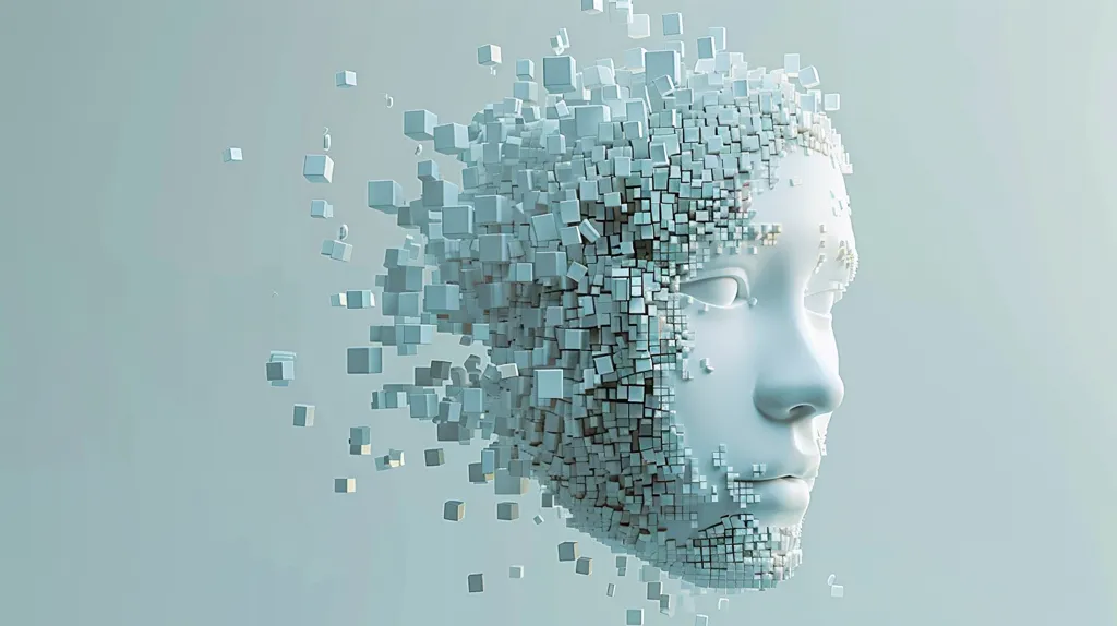 A 3D rendered image of a human face made up of white cubes. The cubes are arranged in a way that creates the illusion of a face, with the cubes forming the features of the face, such as the eyes, nose, and mouth. The cubes are scattered around the face, creating a sense of movement and energy. The background is a light blue color, which helps to highlight the white cubes and the face. The image suggests the idea of a digital or virtual human, or the concept of human identity being made up of many different parts.