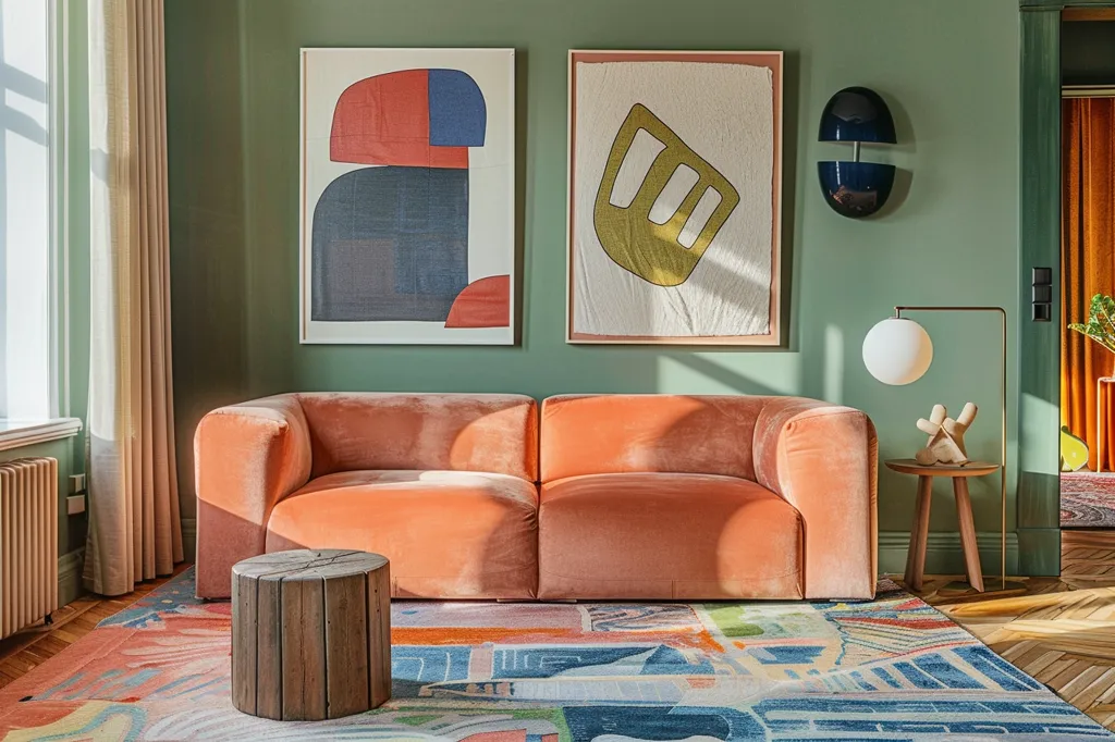 A living room with an orange velvet sofa and a patterned rug. There are two abstract paintings on the wall, a wooden side table and a lamp with a white globe. The room is painted in a pale green shade. Natural light streams through a large window, illuminating the space.  The overall style is modern and eclectic.