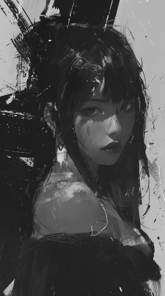 A woman with long dark hair, wearing a dark top, stares out at the viewer with a melancholic expression. Her face is partly obscured by shadows and streaks of black paint. The background is a washed-out gray, giving the image a haunting and ethereal feel.  The image is reminiscent of a somber portrait, emphasizing the woman's somber mood.