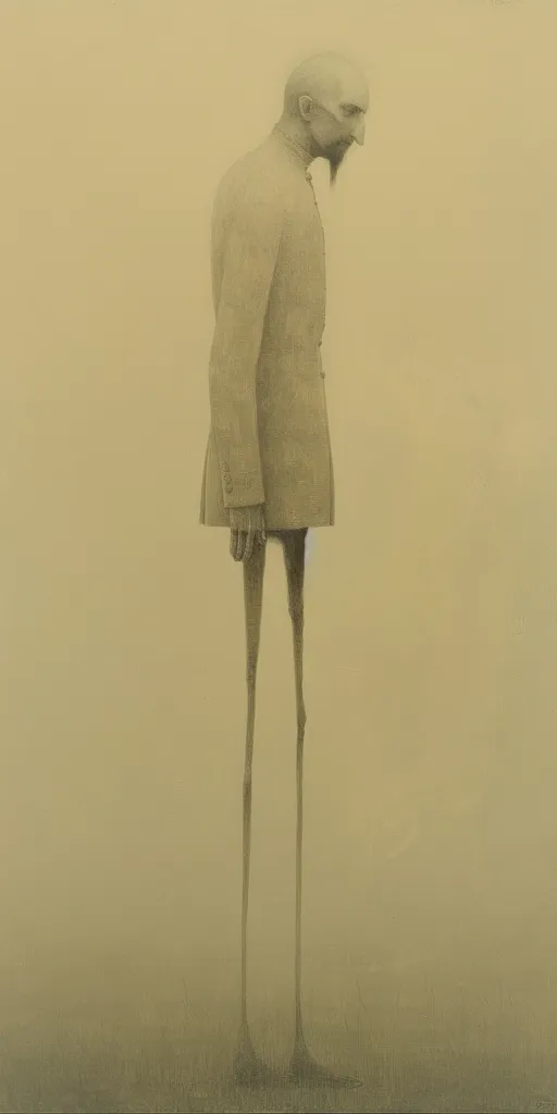 A tall, slender man stands in a misty, pale green landscape. He is dressed in a long, dark coat and has a long, thin nose and a pointed chin. His legs are disproportionately long, stretching down to his feet which are barely visible in the mist. He appears to be looking down at the ground, his expression unreadable. The image is drawn in a stark, minimalist style, giving it a haunting and eerie feel.