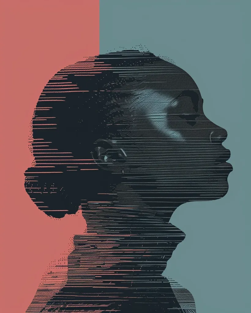 The image features a close-up portrait of a woman's profile, with her head tilted back and eyes closed. The image is stylized, using a pixelated and glitched effect that creates a sense of digital distortion and fragmentation. The background is split vertically with a muted pink and blue color palette. The overall effect is one of mystery and otherworldly beauty.