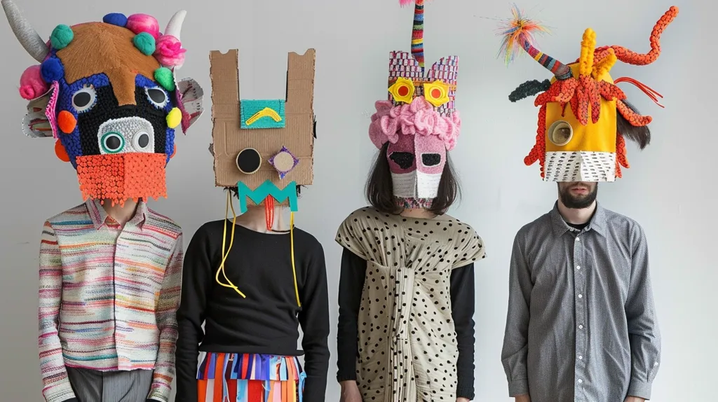 Four individuals are wearing colorful, handmade masks, each with a unique style and design. They stand in front of a white wall, their expressions obscured by the masks, adding an element of mystery and intrigue to the image. Their clothing is a mix of casual and whimsical, complementing the playful nature of their masks. The image captures a sense of creativity and individuality.