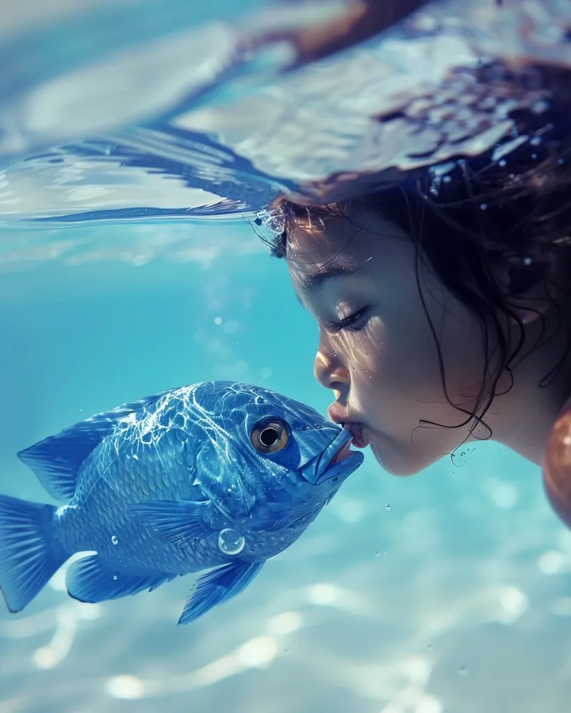 A young girl with long dark hair is underwater, her face partially submerged. She is looking at a large, blue fish swimming towards her, and her lips are parted as if she is about to kiss it. The water is clear and blue, and sunlight streams through the surface. The image is whimsical and surreal, suggesting a connection between the girl and the fish.