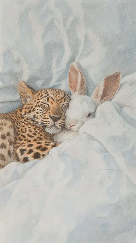 A leopard and a white rabbit are lying together in a bed of white sheets. The leopard is on its side with its head resting on the rabbit's back. The rabbit has its head turned to look at the leopard. The image is drawn in a realistic style with a focus on the soft textures of the animals and the sheets. The colors are muted and the overall tone is peaceful and intimate.