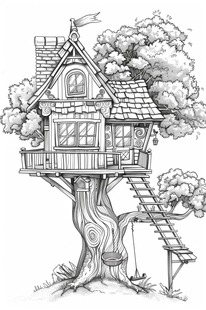 The image shows a detailed line drawing of a treehouse built into a large tree. The treehouse has a gabled roof, windows, a porch with railings, and a ladder leading up to it. There is also a swing hanging from a branch of the tree. The drawing is intricate and detailed, capturing the beauty of the treehouse and its surrounding environment.