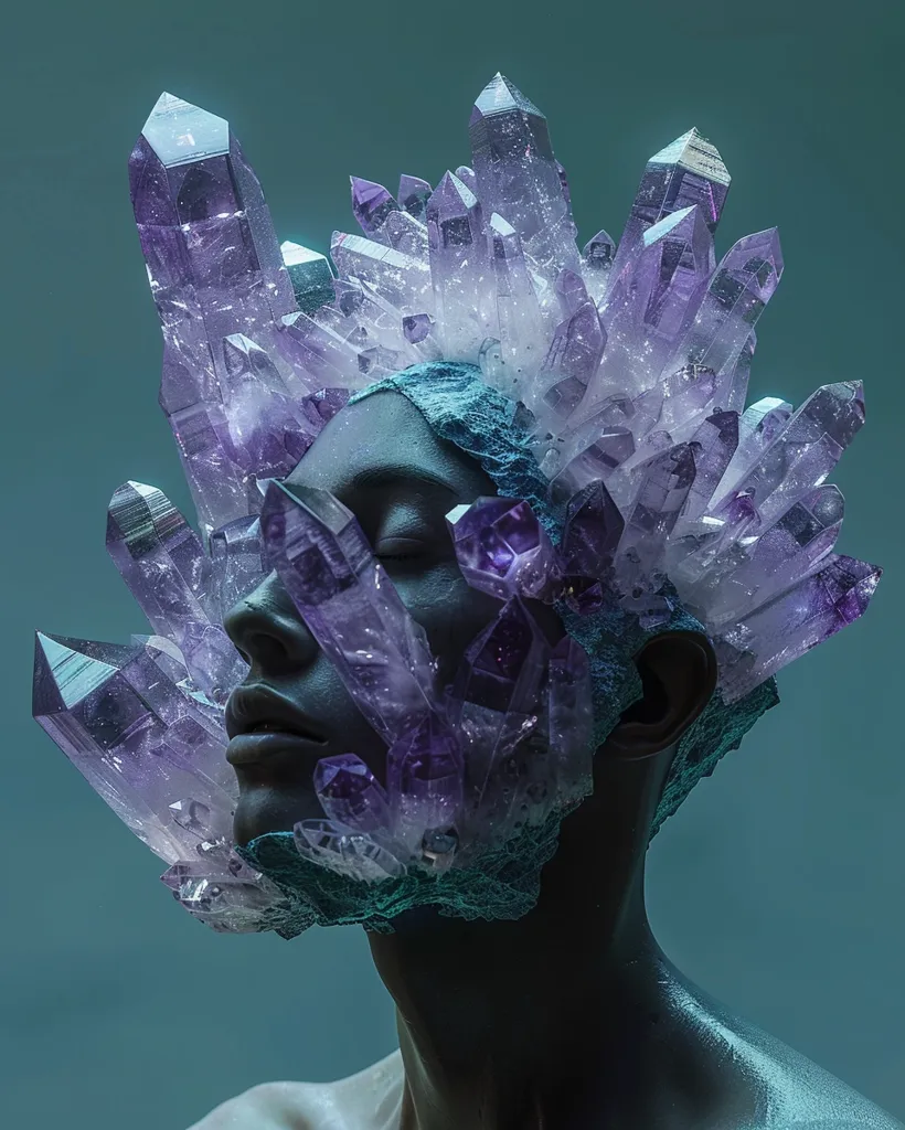 A person's head is completely covered in amethyst crystals, with only their face and neck visible. The crystals are a vibrant purple and white, casting a mystical glow on the person's skin. Their eyes are closed, and their mouth is slightly open, as if they are in a state of deep meditation or trance. The background is a muted teal, highlighting the beauty of the crystals. The image conveys a sense of otherworldliness and spiritual connection.