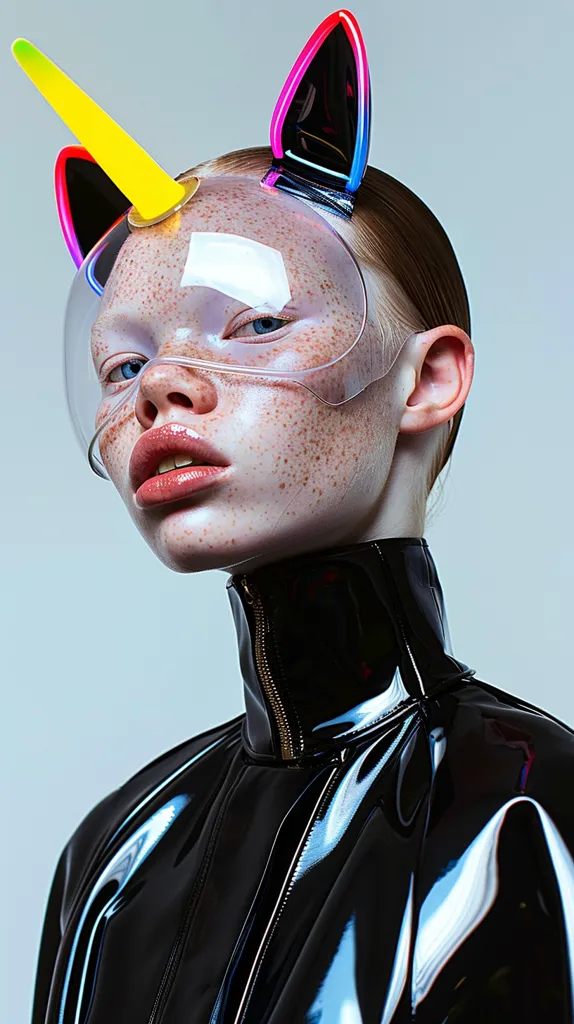 A young woman with a clear complexion and freckles wears a black, shiny, high-collared jacket and a transparent helmet with rainbow-colored unicorn ears. She is looking off to the side, her lips are slightly parted, and her expression is neutral.  The background is a plain light gray.