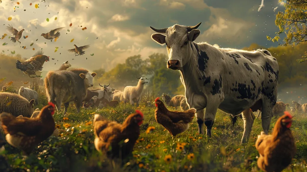 A large, white and black cow stands in a green field surrounded by sheep, chickens, and goats. The sun shines through a cloudy sky and leaves fall from the trees.  The animals graze peacefully on the grass, creating a tranquil farm scene.