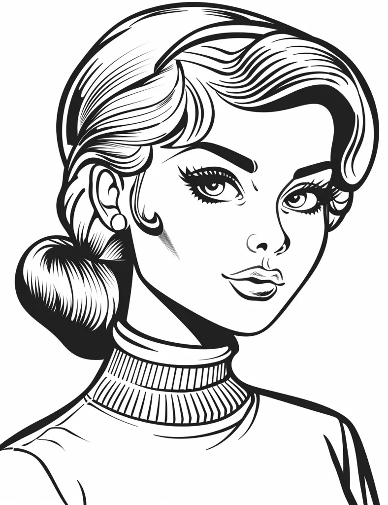 The image is a black and white line drawing of a woman. She has her hair styled in a bun and is wearing a high-necked sweater. Her features are bold and striking, with large eyes and a full pout.  The image has a vintage comic book style.