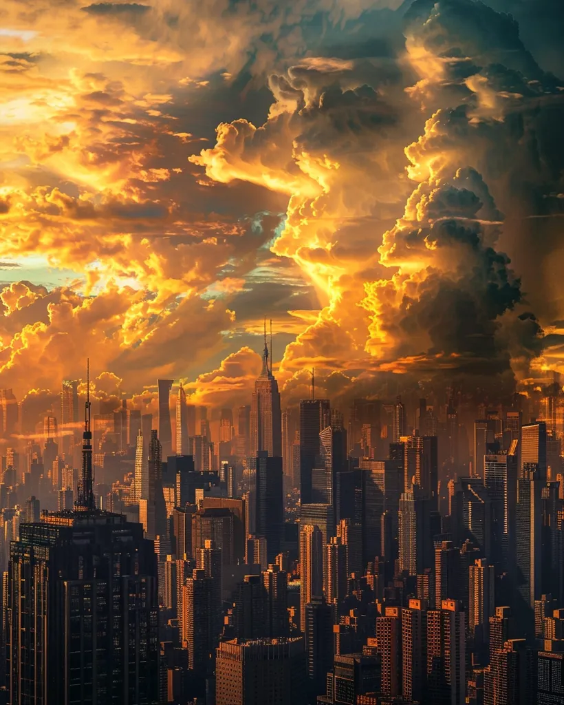 A city skyline is bathed in the warm glow of a spectacular sunset. The sky is dominated by a massive, fiery orange cloud formation, with streaks of gold illuminating the cityscape below. Towering skyscrapers rise from the city streets, casting long shadows across the ground. The scene evokes a sense of grandeur and awe, highlighting the beauty of urban landscapes against a stunning natural backdrop.