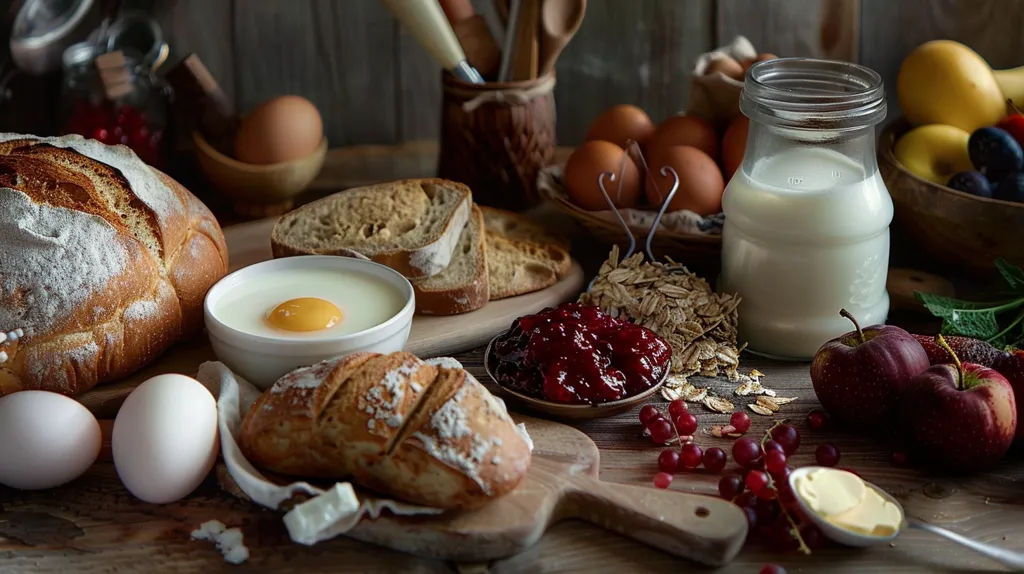 A rustic wooden table is set with a delicious breakfast spread. A large loaf of bread sits next to two boiled eggs, while a bowl of creamy egg custard and a plate of sliced bread rest nearby.  A jar of milk, a bowl of fruit, and a small dish of red jam add a burst of color. The scene is completed with a scattering of oats and red currants, suggesting a hearty and flavorful meal.