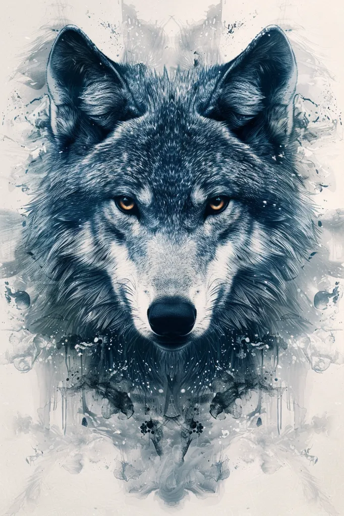 The image is a close-up of a wolf's face, with a soft, watercolor-like background. The wolf's fur is a deep blue-grey, and its eyes are piercing yellow. The image is a blend of realism and artistic expression, capturing the wild beauty of the animal. The background features splashes of grey and white, creating a sense of movement and energy.