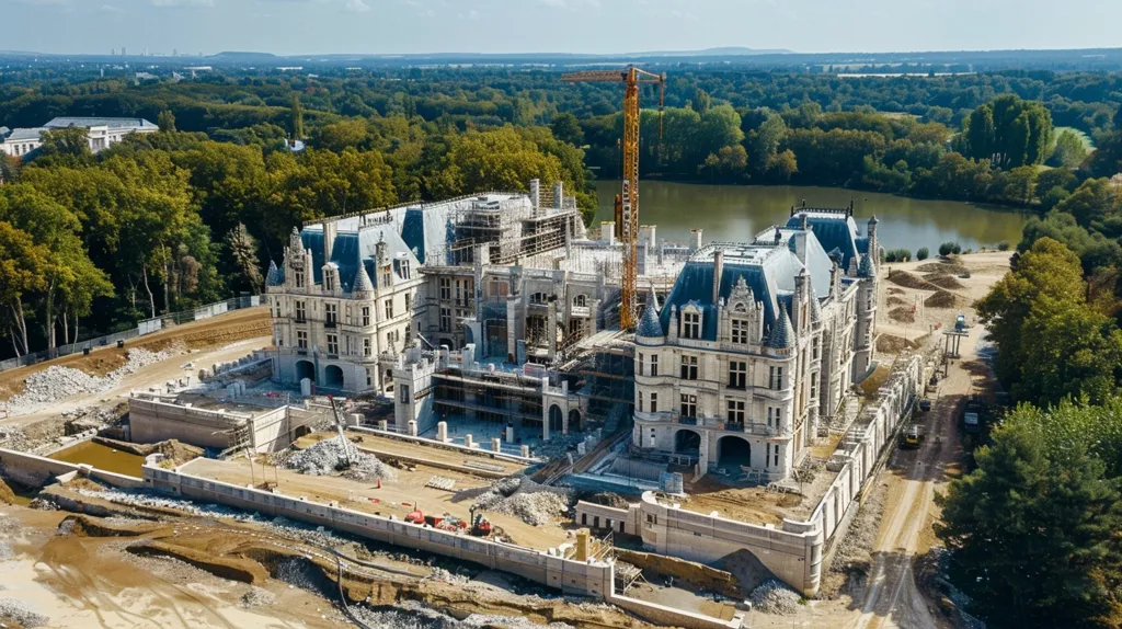 An aerial view of a large, ornate chateau under construction. Scaffolding surrounds the building, and a crane towers over the complex. A moat surrounds the chateau, and a small lake is visible in the distance. The surrounding land is mostly undeveloped, with trees and dirt.