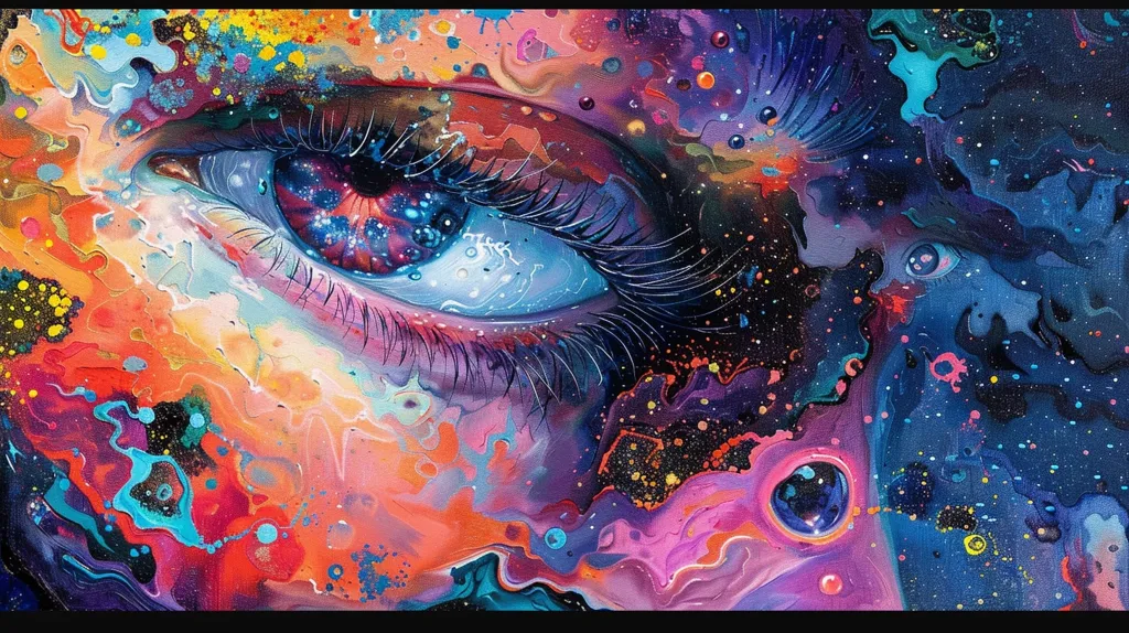 The painting depicts a close-up of a single eye, rendered in vibrant and abstract style.  The eye is a swirling mixture of colors, with a galaxy-like iris that seems to stretch into the cosmos. The surrounding background is a colorful and chaotic swirl of abstract shapes, reminiscent of a dream or a hallucination.  The overall effect is surreal and captivating.