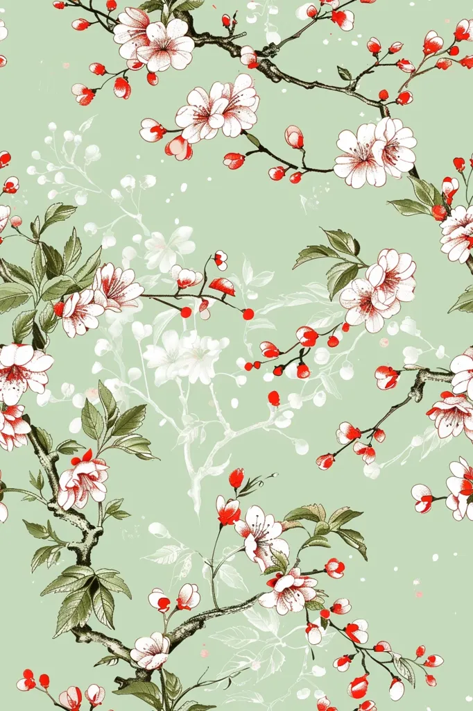 The image features a delicate floral pattern on a light green background. White cherry blossoms with red centers are scattered across the branches of a tree, creating a romantic and elegant aesthetic. The intricate details of the flowers and leaves add depth and dimension to the design, making it a beautiful and serene visual experience.