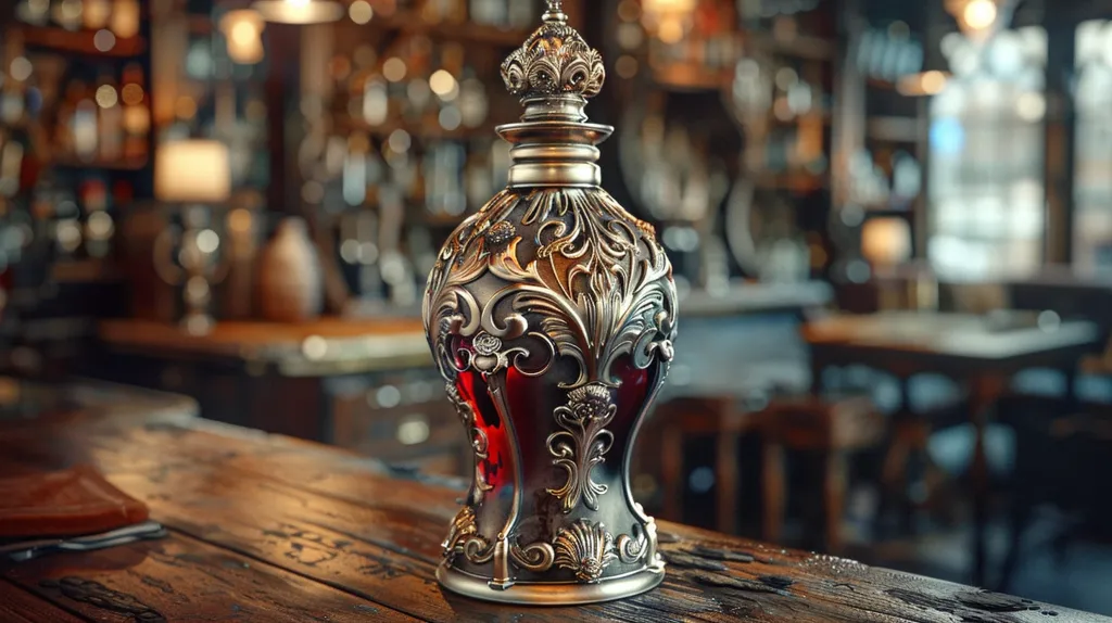 A beautifully ornate, silver decanter filled with ruby red liquid sits on a rustic wooden table. The decanter features intricate carvings and a crown-like top. The background is a blurred image of a dimly lit bar, creating a sense of mystery and intrigue.  The image evokes a sense of old-world craftsmanship and luxury.